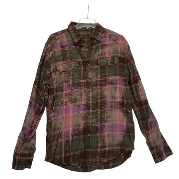 Distressed Plaid Flannel bleach dyed brown purple pink button down size Medium - Picture 1 of 6